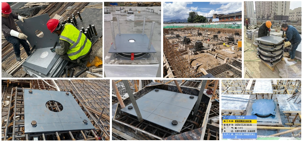 Friction pendulum bearing (FPS) installation for building seismic isolation at construction site