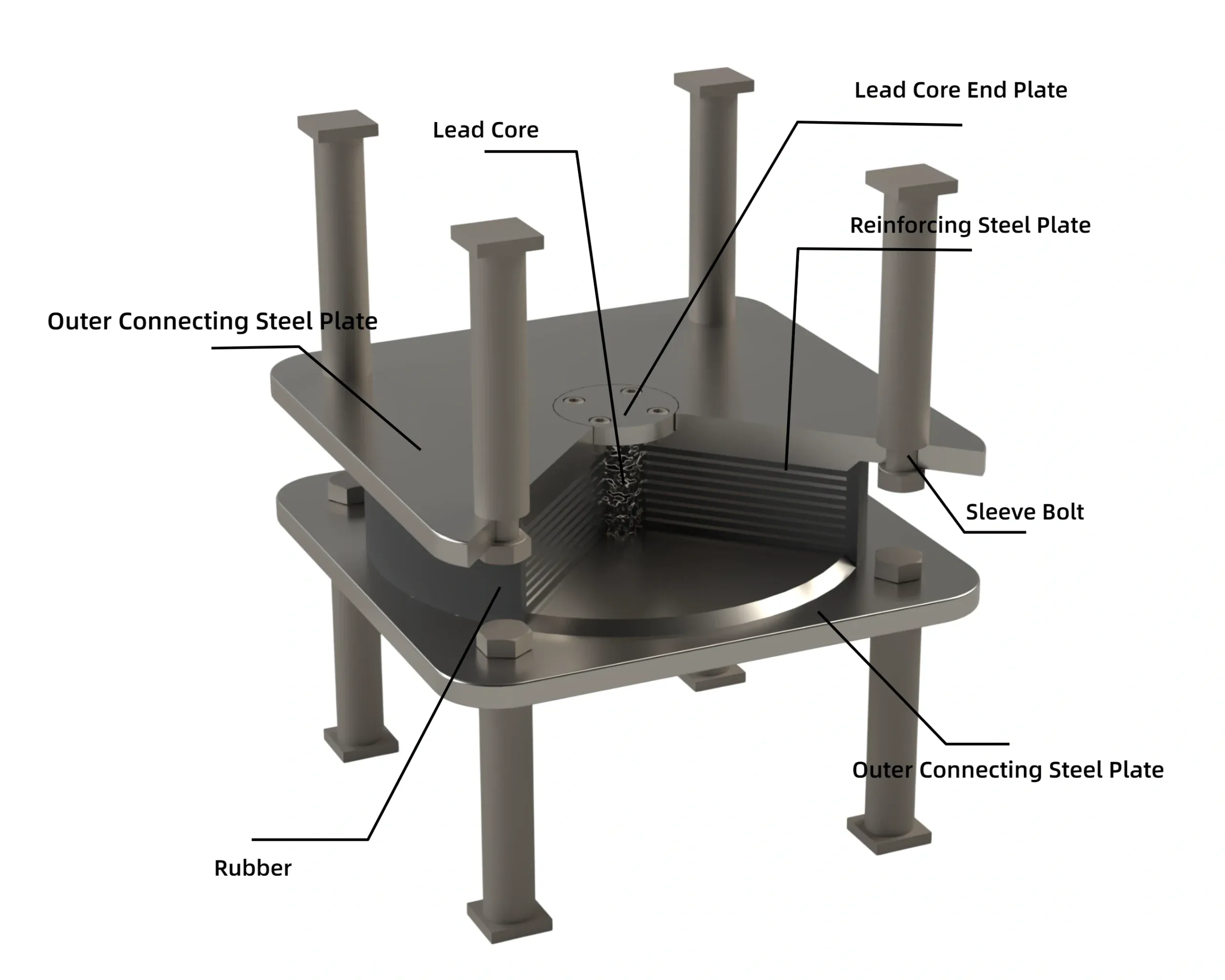 3D exploded internal structure of LRB lead rubber bearing for building seismic isolation project