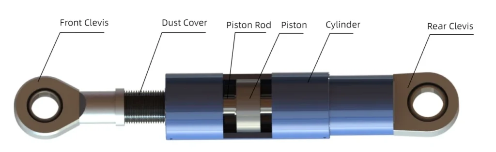 Fluid viscous damper VFD series components – front clevis, dust cover, piston rod, piston, cylinder, rear clevis