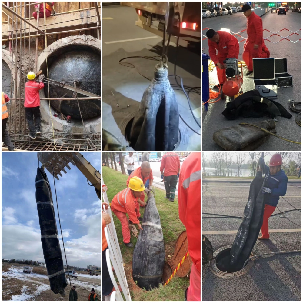 High pressure inflatable pipe plug in use – installed inside pipe for construction sealing and pressure testing