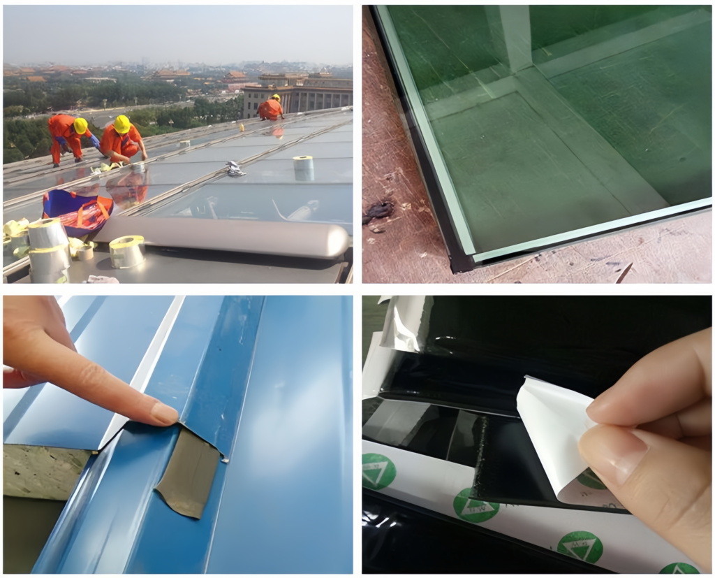 Double-sided butyl tape application on color steel roof – sealing metal roof overlaps
