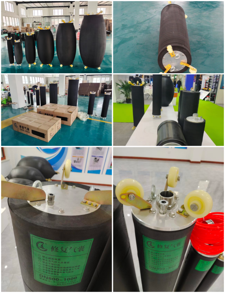Pipe repair packer detail view – inflatable rubber bladder with air valve and fittings